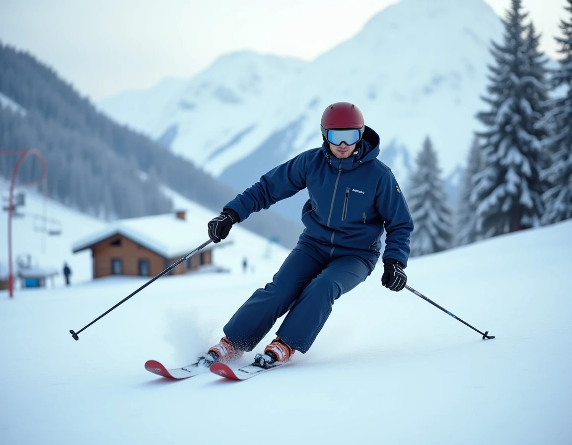 Skieur dévalant une piste damée à La Plagne avec un panorama alpin enneigé et des remontées mécaniques en arrière-plan
