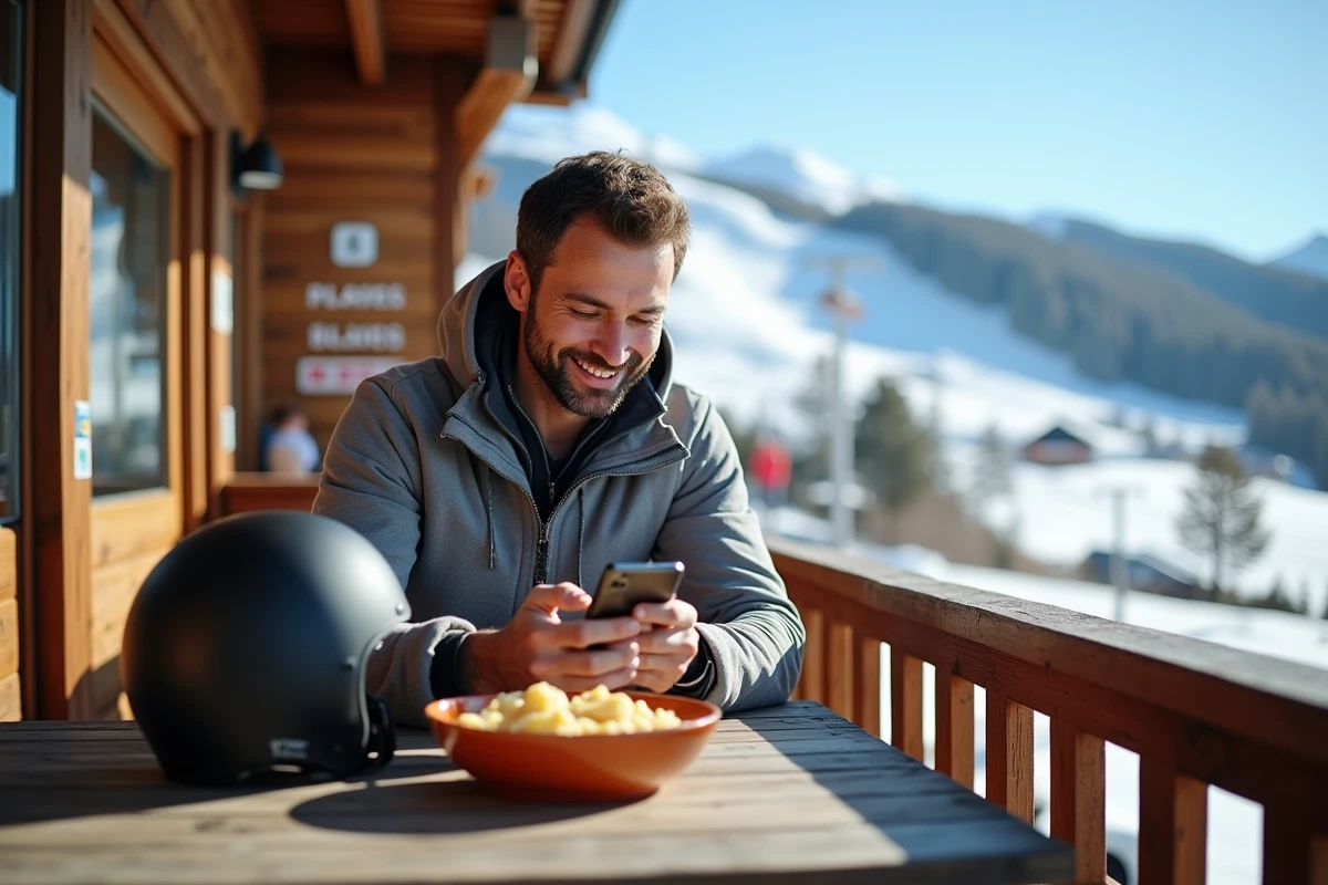 Skieur consultant une carte de station sur smartphone en terrasse d'un restaurant de montagne avec tartiflette, station de ski proche de Paris