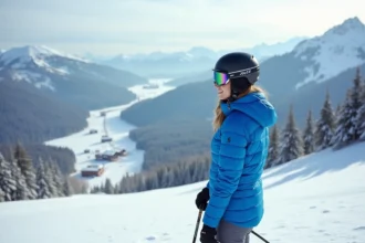Skieuse en veste bleue au sommet d'une piste de ski dans une station française proche de Paris, avec chalets et forêt de sapins en contrebas
