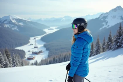 Skieuse en veste bleue au sommet d'une piste de ski dans une station française proche de Paris, avec chalets et forêt de sapins en contrebas