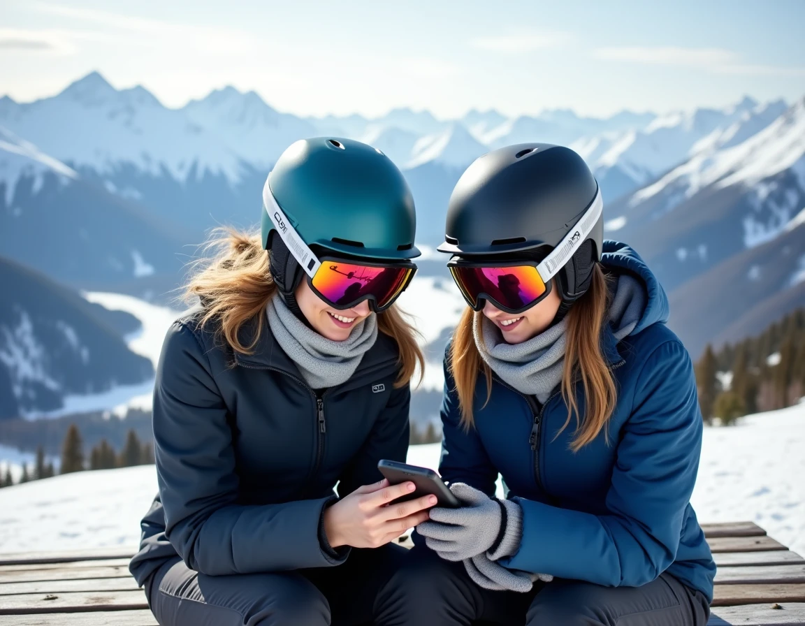 Deux skieuses comparant les forfaits Paradiski sur smartphone depuis un belvédère avec vue panoramique sur les pistes enneigées