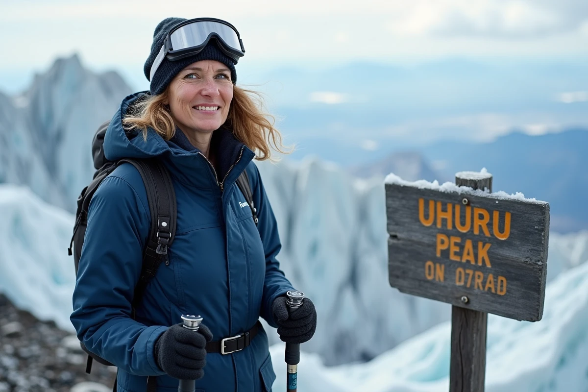 Alpiniste femme au sommet Uhuru Peak du Kilimandjaro avec panneau indicateur et glaciers en arrière-plan