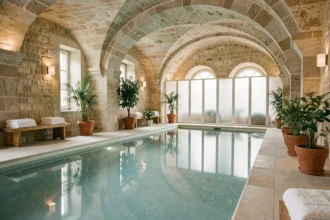 Piscine intérieure d'un spa d'hôtel en Centre-Val de Loire avec voûtes en pierre et ambiance raffinée