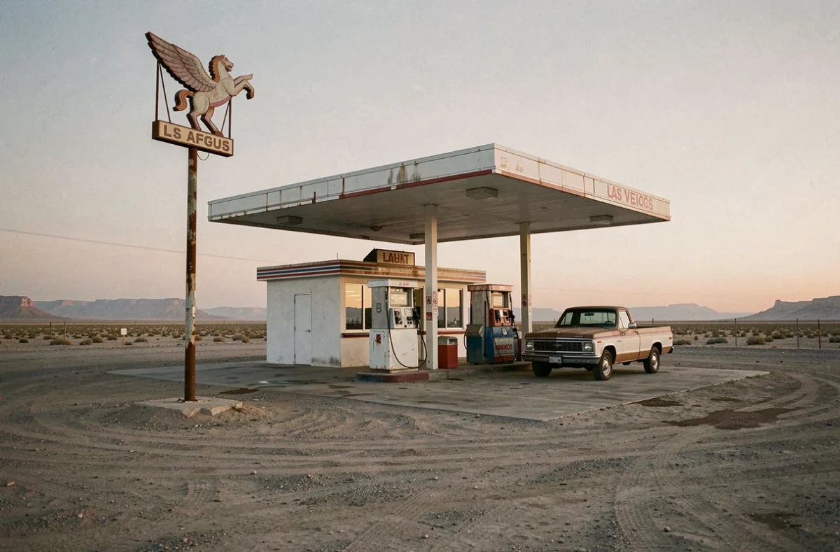 Station-service américaine rétro au crépuscule dans le désert entre Los Angeles et Las Vegas avec pickup vintage