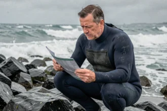 Surfeur consultant un tableau des marées sur les rochers de la côte de Biarritz avant de se mettre à l'eau