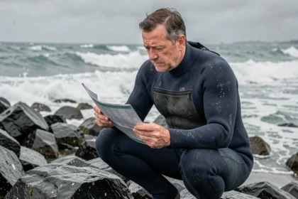Surfeur consultant un tableau des marées sur les rochers de la côte de Biarritz avant de se mettre à l'eau
