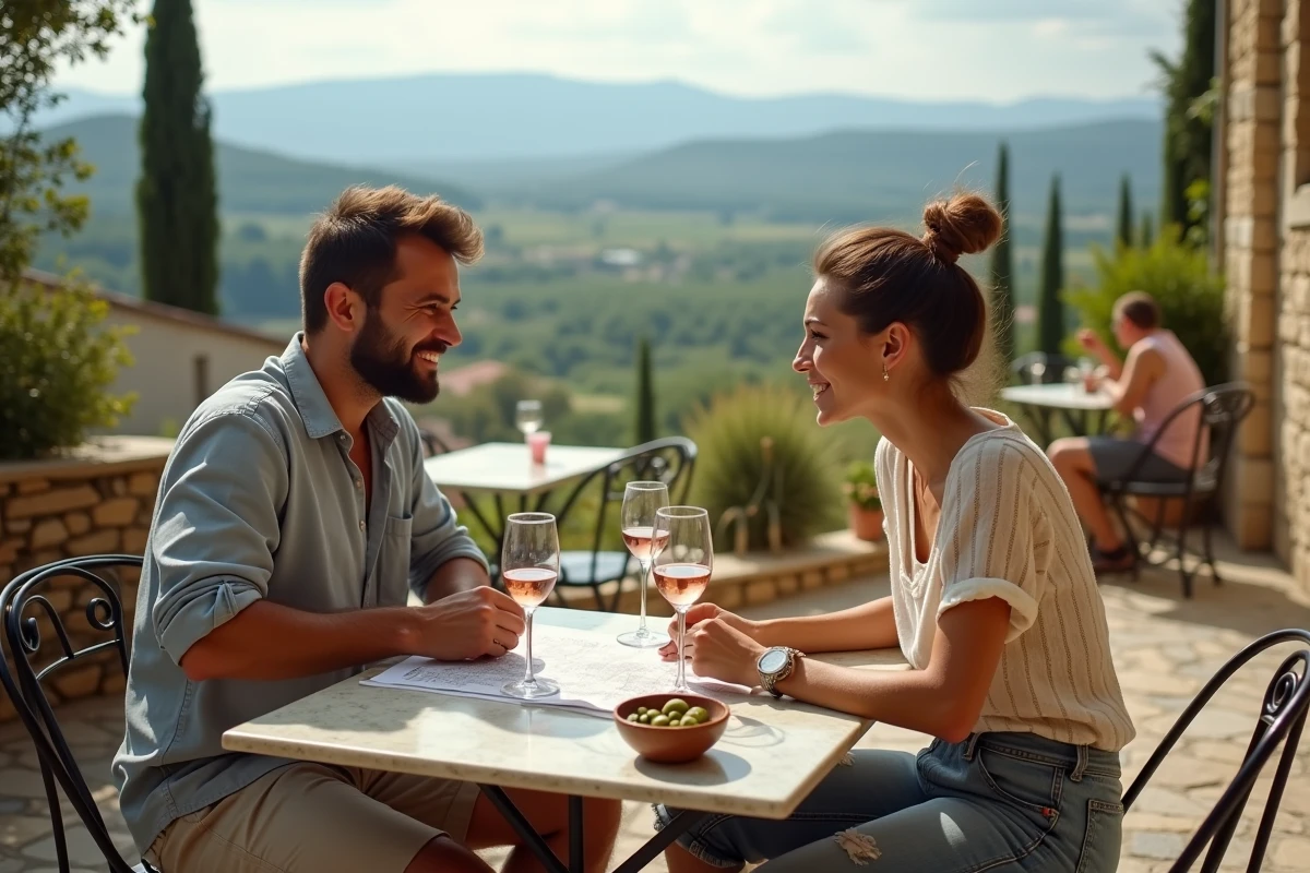 Terrasse de café provençal avec vue sur la vallée du Luberon, couple de touristes consultant une carte à Gordes ou Roussillon