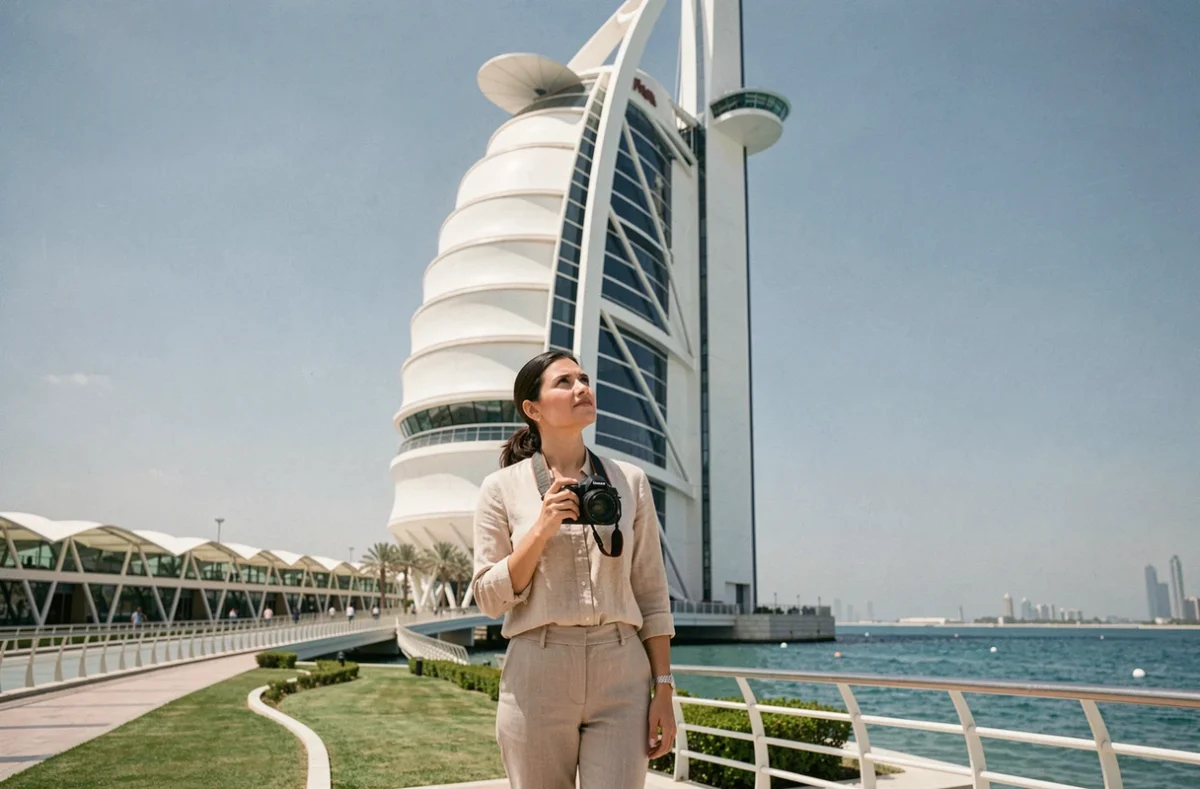 Touriste photographiant la facade emblématique du Burj Al Arab depuis le pont d'accès à Dubaï