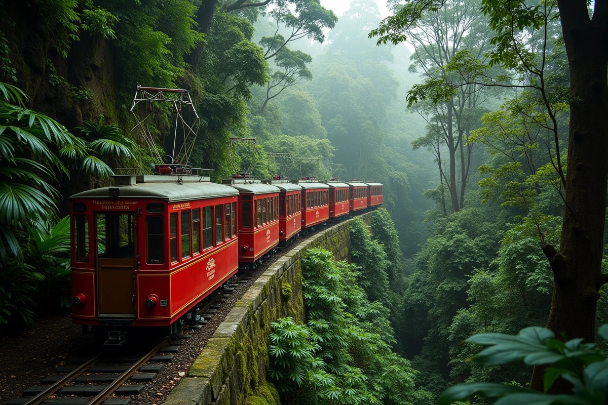 Train à crémaillère rouge du Corcovado traversant la forêt atlantique dense lors de la montée vers le Christ Rédempteur
