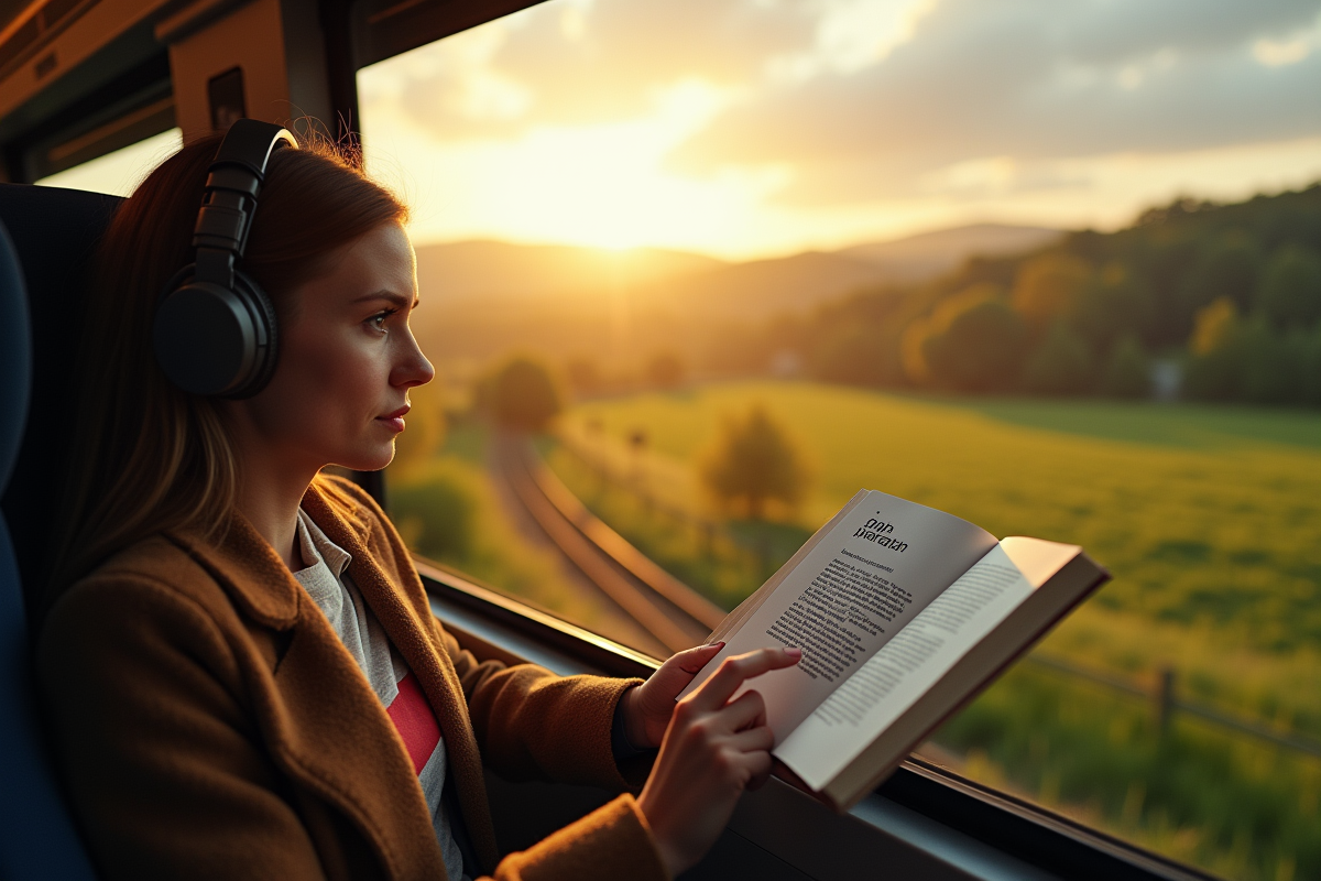 Train à grande vitesse européen voyageant dans la campagne avec un voyageur lisant un guide