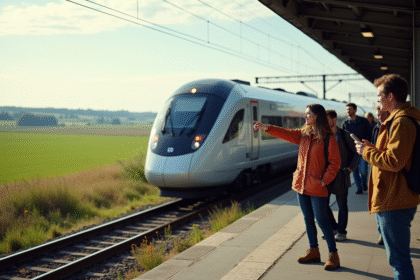 Train à grande vitesse traversant un paysage rural verdoyant