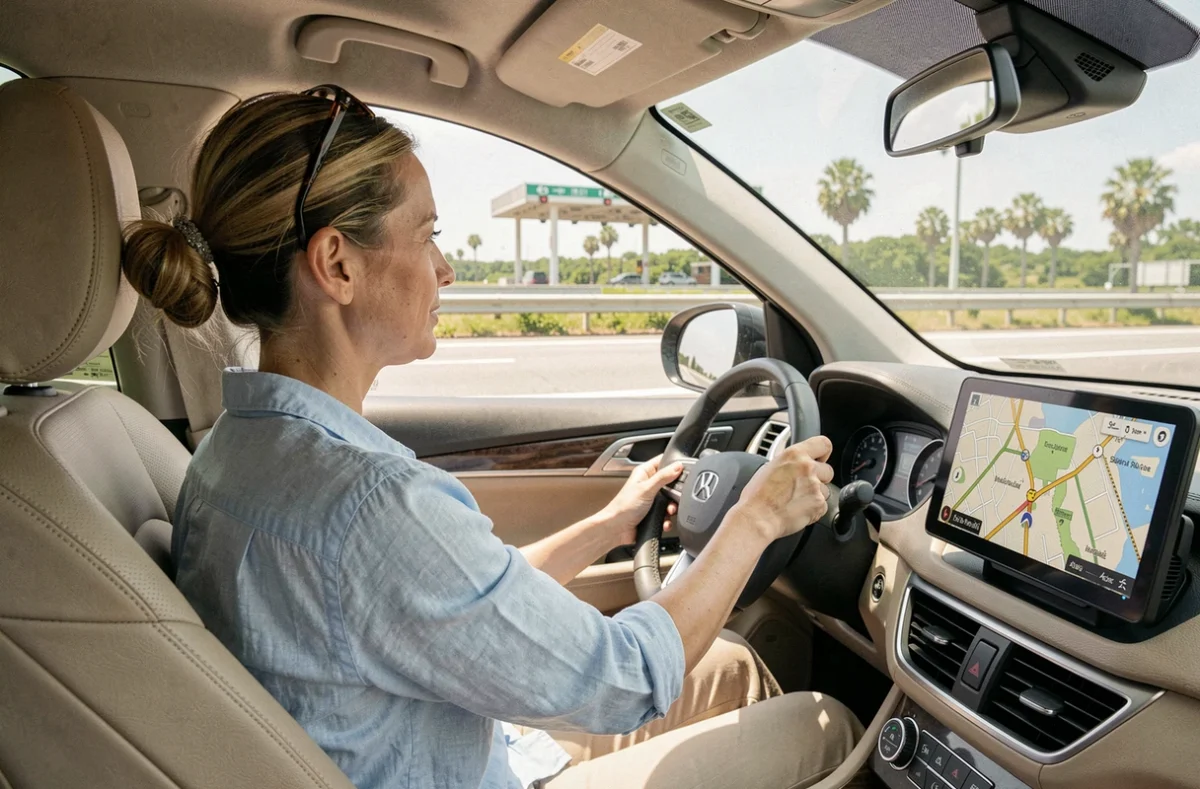 Femme au volant d'un SUV sur l'autoroute en Floride regardant un GPS affichant un itinéraire entre Miami et Orlando