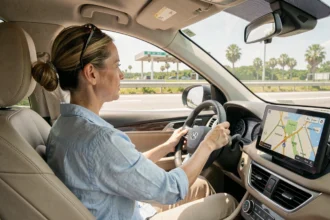 Femme au volant d'un SUV sur l'autoroute en Floride regardant un GPS affichant un itinéraire entre Miami et Orlando