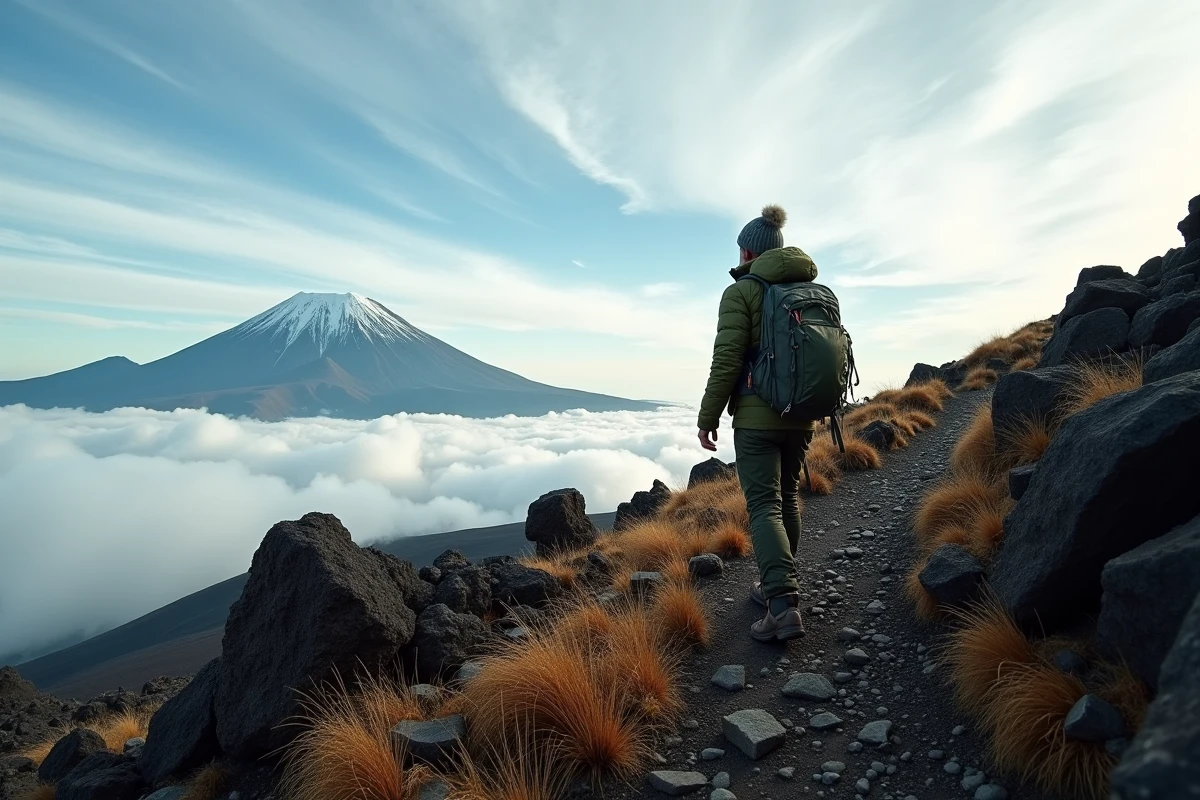 Randonneur contemplant le sommet enneigé du Kilimandjaro depuis la zone de Lava Tower en Tanzanie