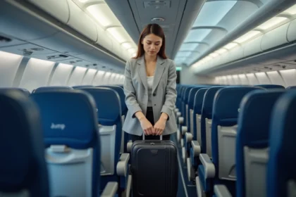 Femme plaçant une valise cabine Jump dans le compartiment à bagages d'une compagnie aérienne low cost
