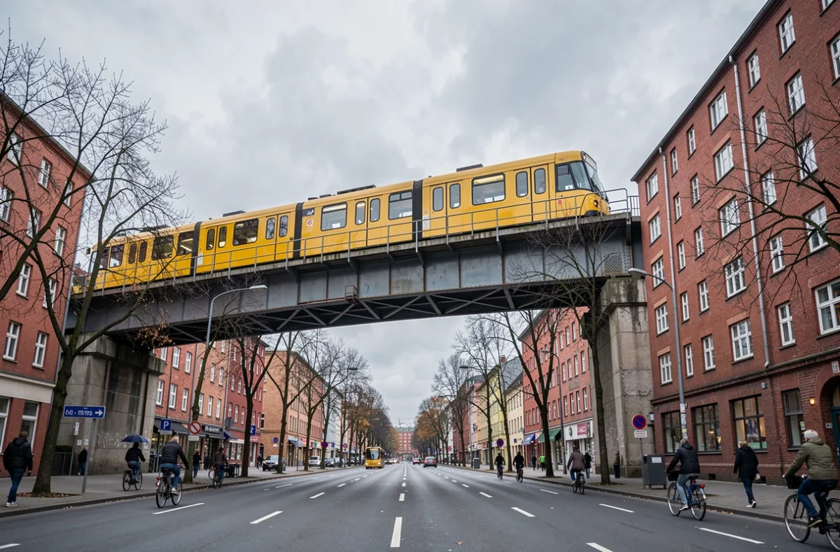 Viaduc du métro U-Bahn de Berlin traversant un boulevard urbain avec des immeubles en briques rouges