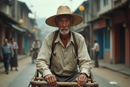 Homme asiatique âgé tirant un rickshaw traditionnel dans une rue ancienne