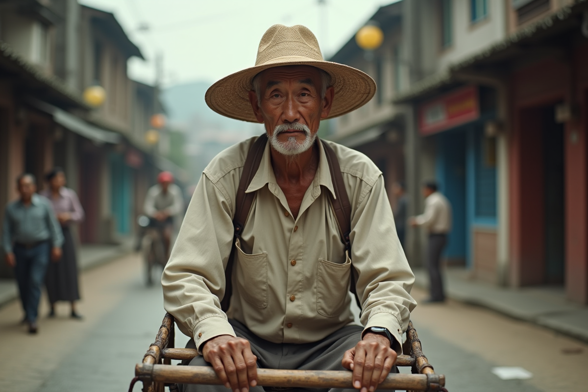 Homme asiatique âgé tirant un rickshaw traditionnel dans une rue ancienne