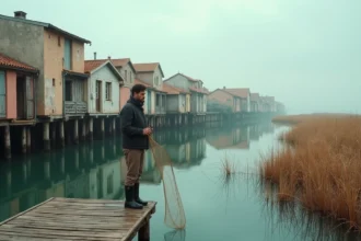 Maisons sur pilotis du village de Gruissan en hors saison, pêcheur sur le ponton au bord de la lagune en automne