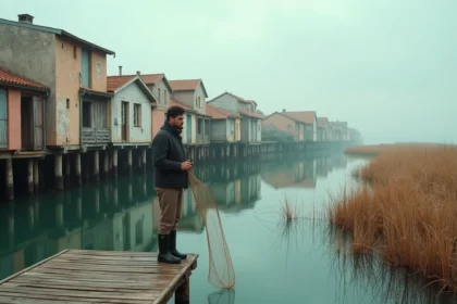 Maisons sur pilotis du village de Gruissan en hors saison, pêcheur sur le ponton au bord de la lagune en automne