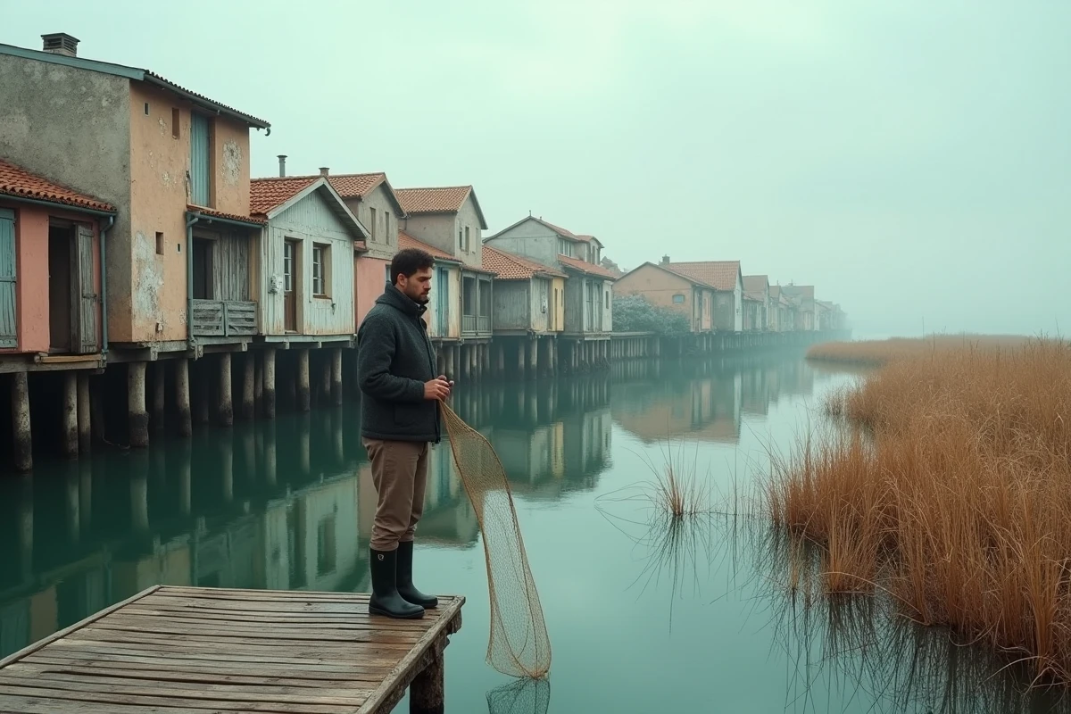 Maisons sur pilotis du village de Gruissan en hors saison, pêcheur sur le ponton au bord de la lagune en automne