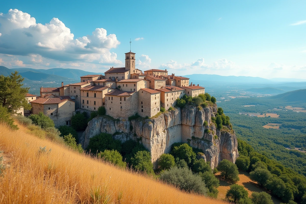 Vue panoramique du village perché de Gordes en Provence avec ses maisons en pierre et toits de tuiles sur un éperon rocheux