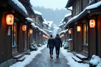 Couple de skieurs se promenant dans les ruelles enneigées d'un village de ski japonais traditionnel avec des ryokans en bois et des lanternes japonaises