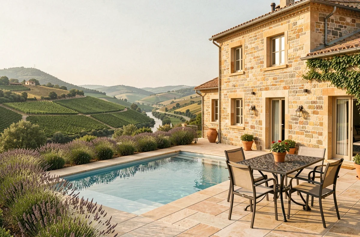 Villa de standing à Luzech avec piscine privée et vue panoramique sur la vallée du Lot et ses vignobles