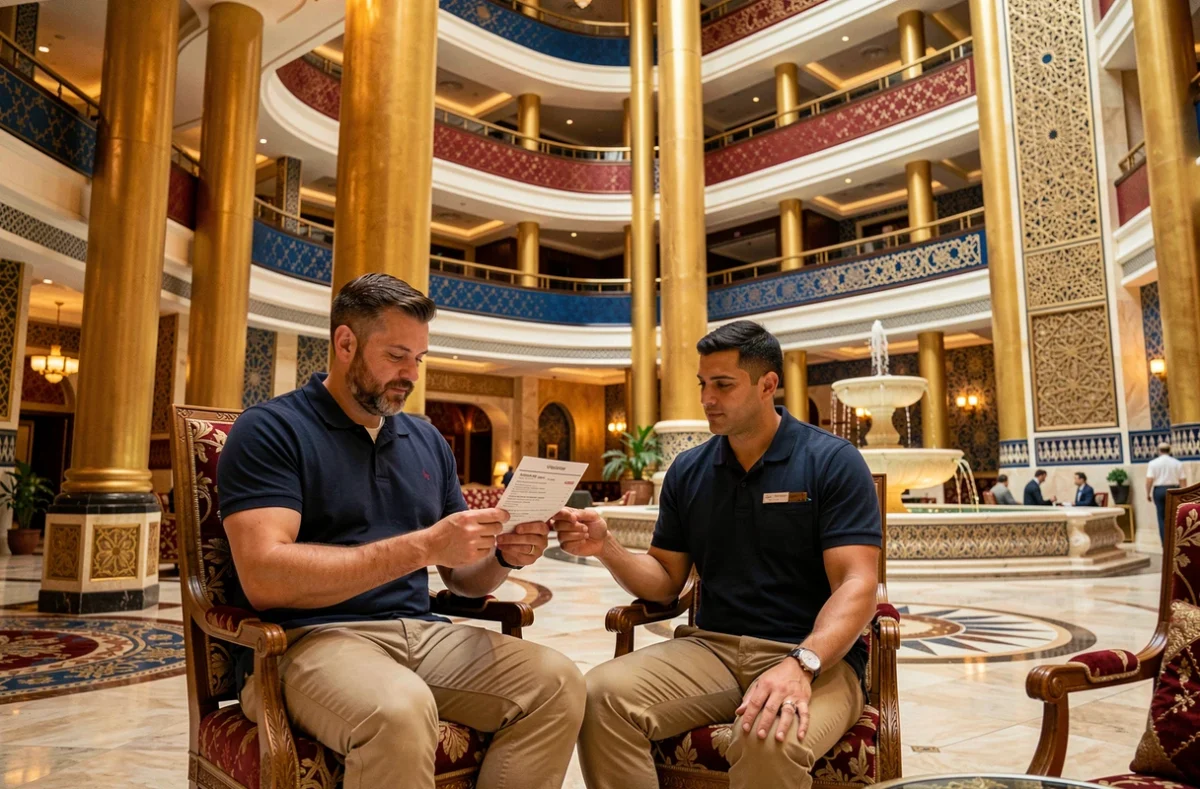 Visiteur recevant un laissez-passer à la réception somptueuse d'un hôtel de luxe inspiré du Burj Al Arab