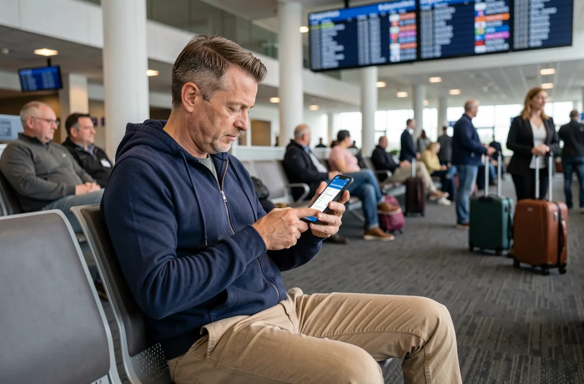 Voyageur consultant l'application Volotea sur son téléphone pour vérifier son embarquement prioritaire