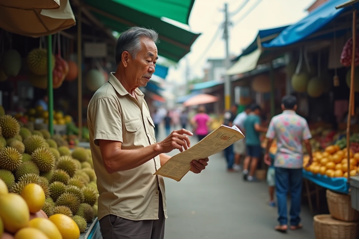 Voyageur consultant une carte dans un marché animé de Davao City à Mindanao entouré d'étals de fruits tropicaux colorés