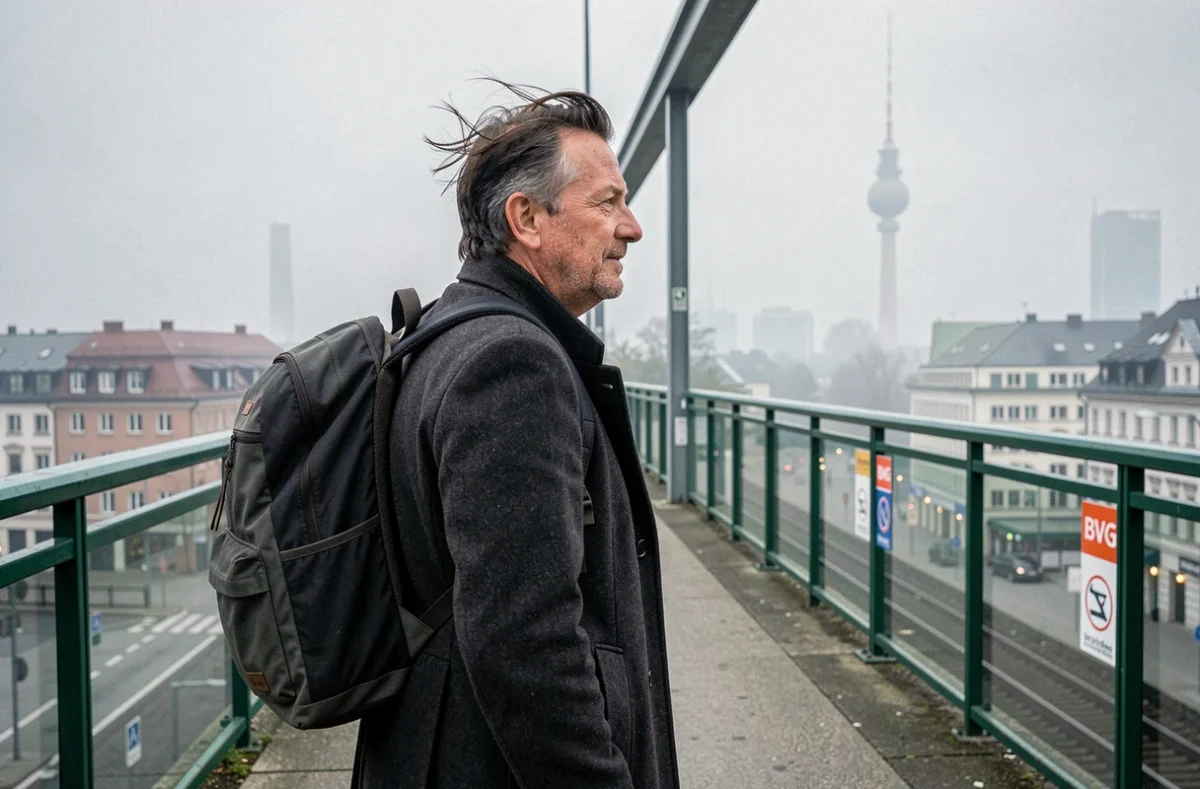 Homme sur un quai extérieur du U-Bahn de Berlin avec la tour de télévision en arrière-plan dans la brume