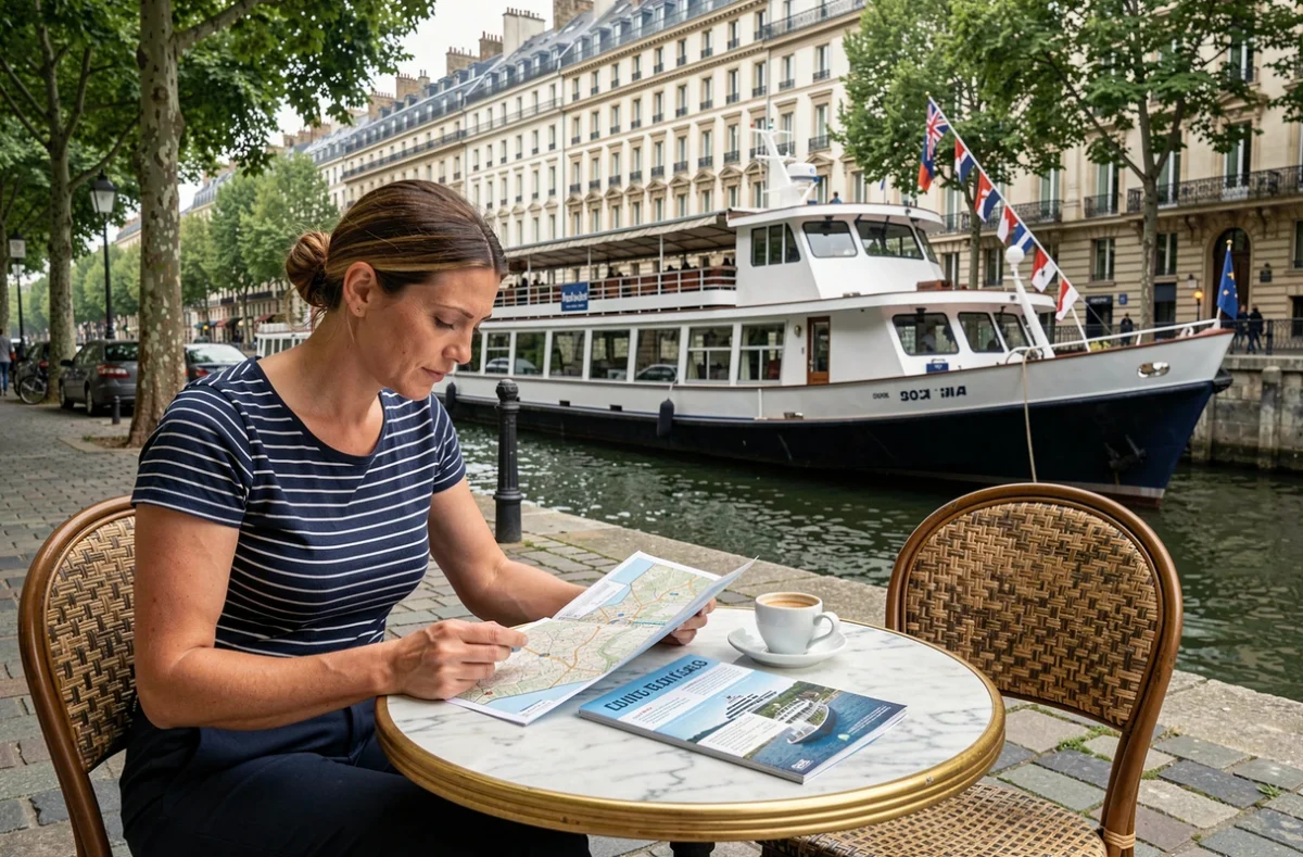 Femme voyageuse consultant une brochure de croisière fluviale en terrasse de café sur les quais de la rive gauche