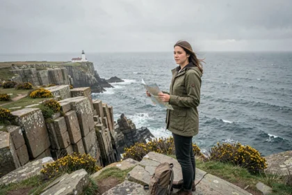 Jeune femme avec sac à dos devant les falaises du Finistère tenant une carte papier, paysage côtier breton en arrière-plan
