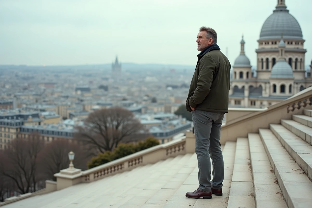 Promeneur admirant le panorama de Paris depuis les marches du Sacré-Cœur à Montmartre lors d'une balade à pied