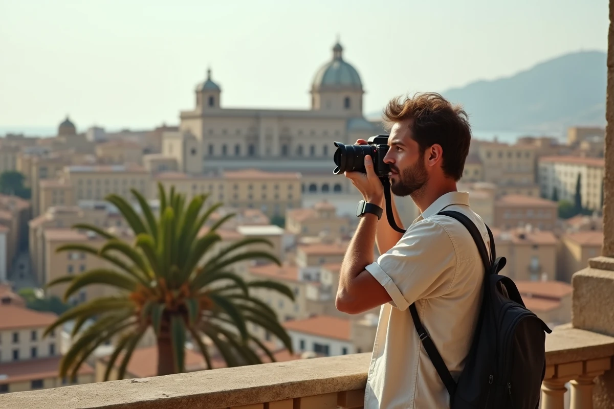 Photographe sur une terrasse avec vue panoramique sur les toits de Palerme et le Palais des Normands en arrière-plan